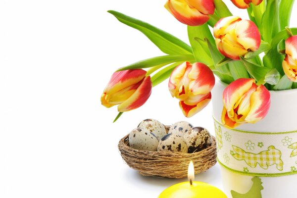 Easter still life with tulips and a candle