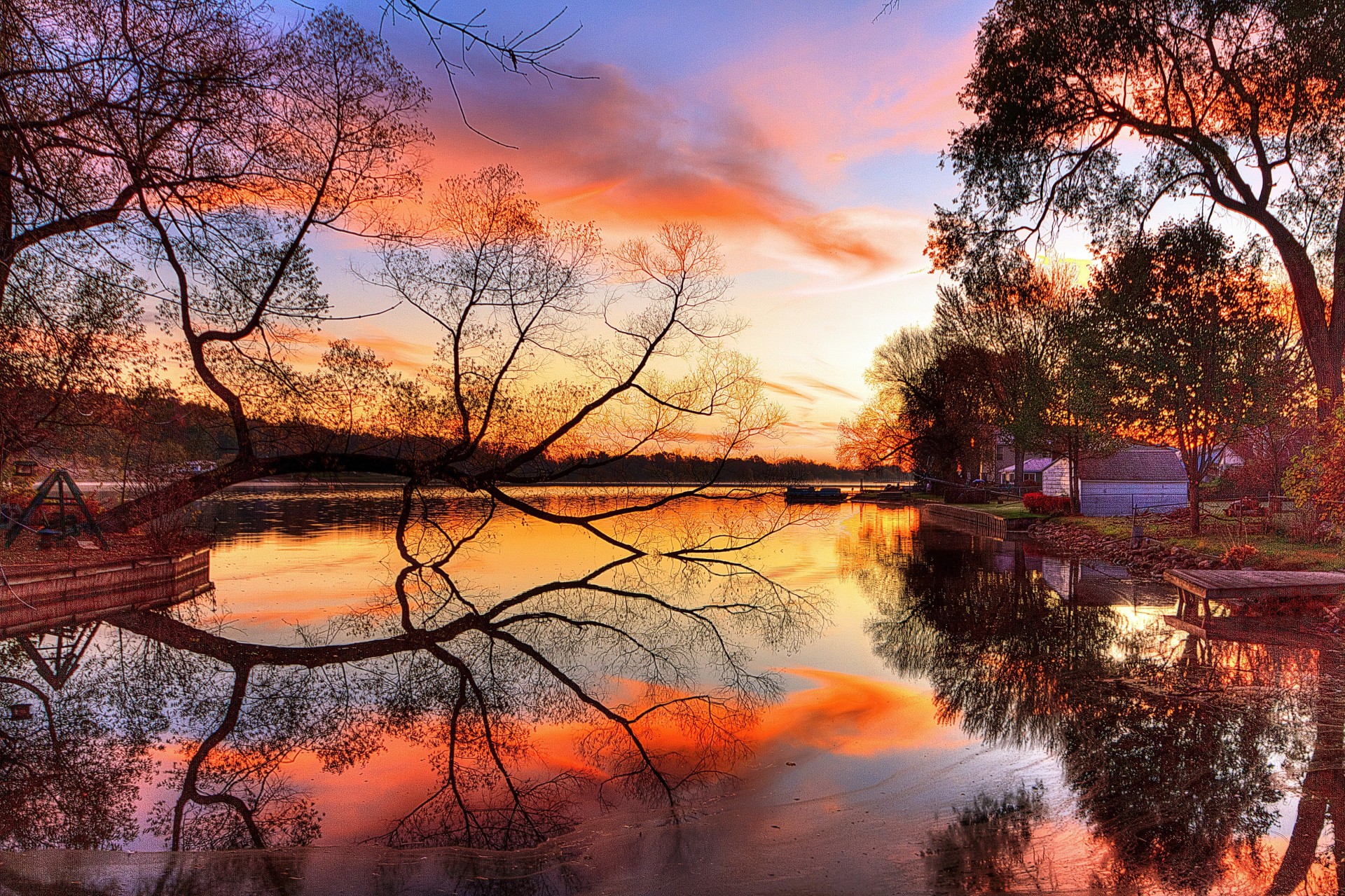 arte paesaggio tramonto riflessione lago alberi riva notte