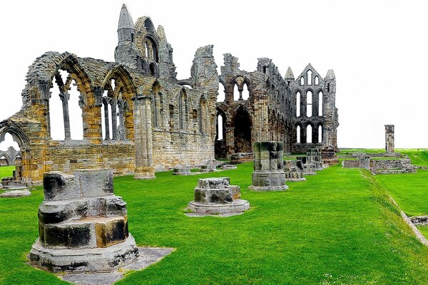 Ruins of an old castle on the green grass