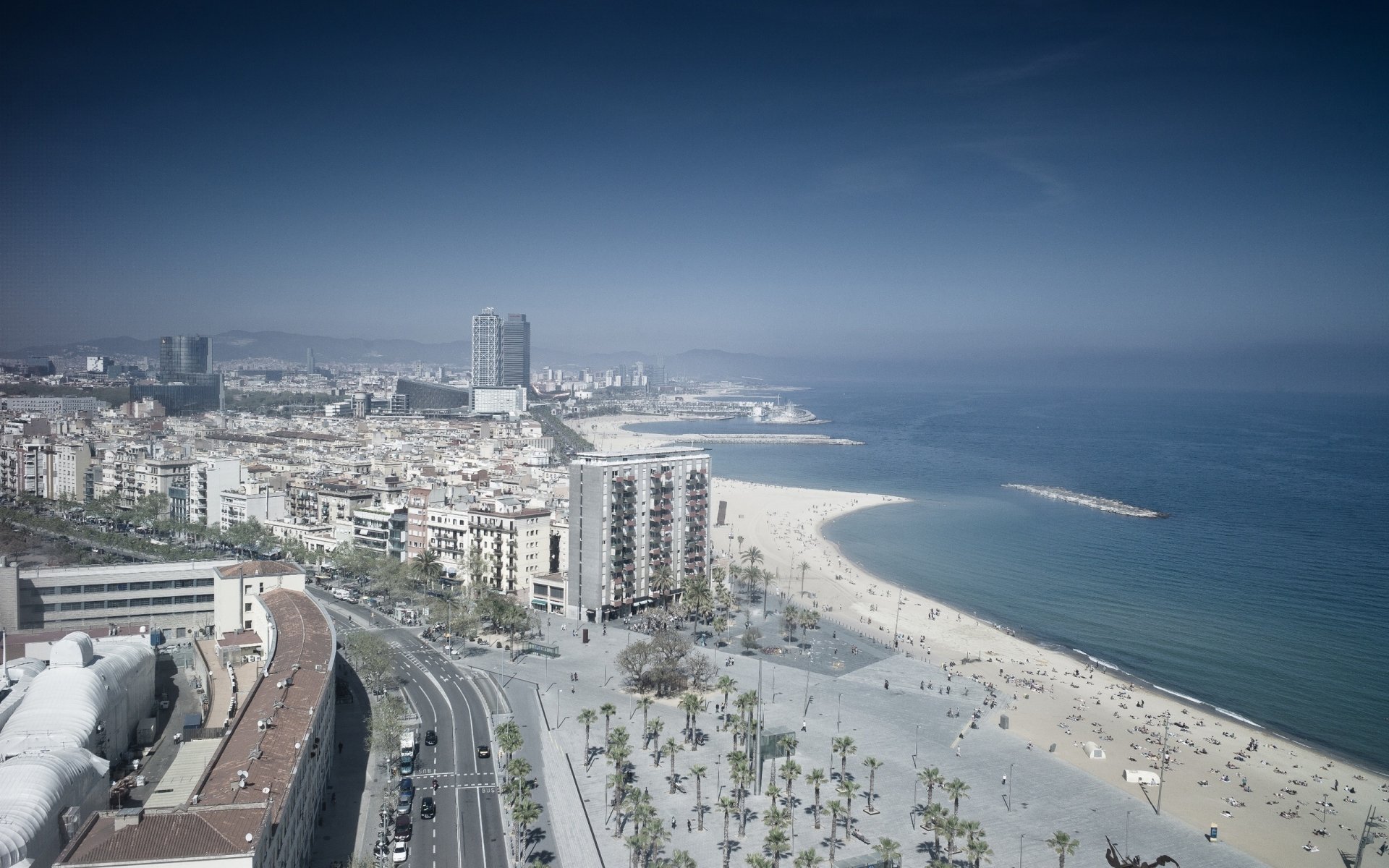 miasto plaża ocean domy drogi ludzie palmy słońce upał