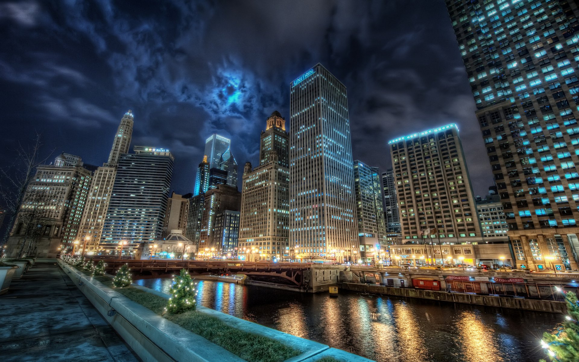 ville chicago canal eau lumières réflexion nuit amérique états-unis états-unis