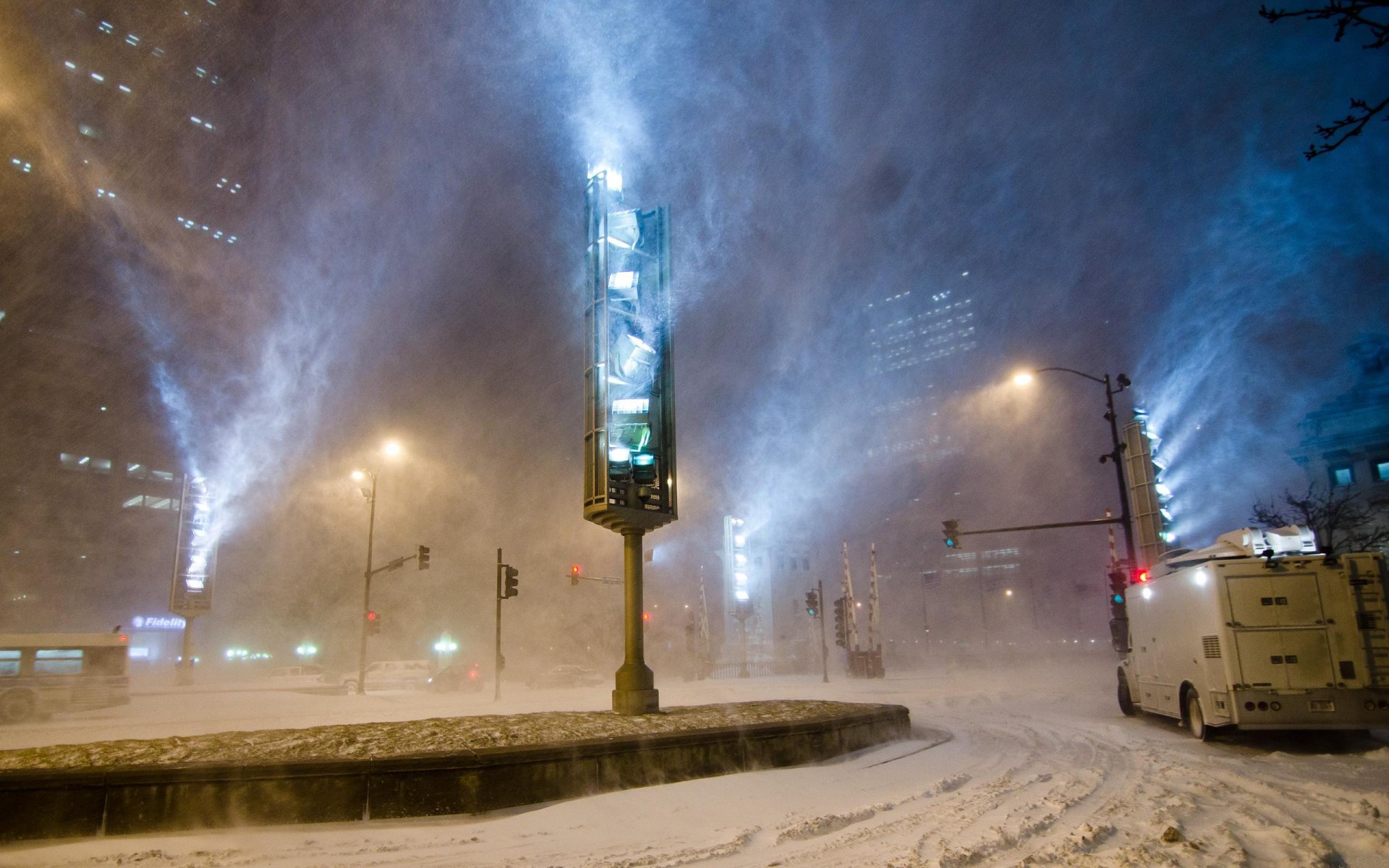 treet road traffic lights light machinery blizzard winter