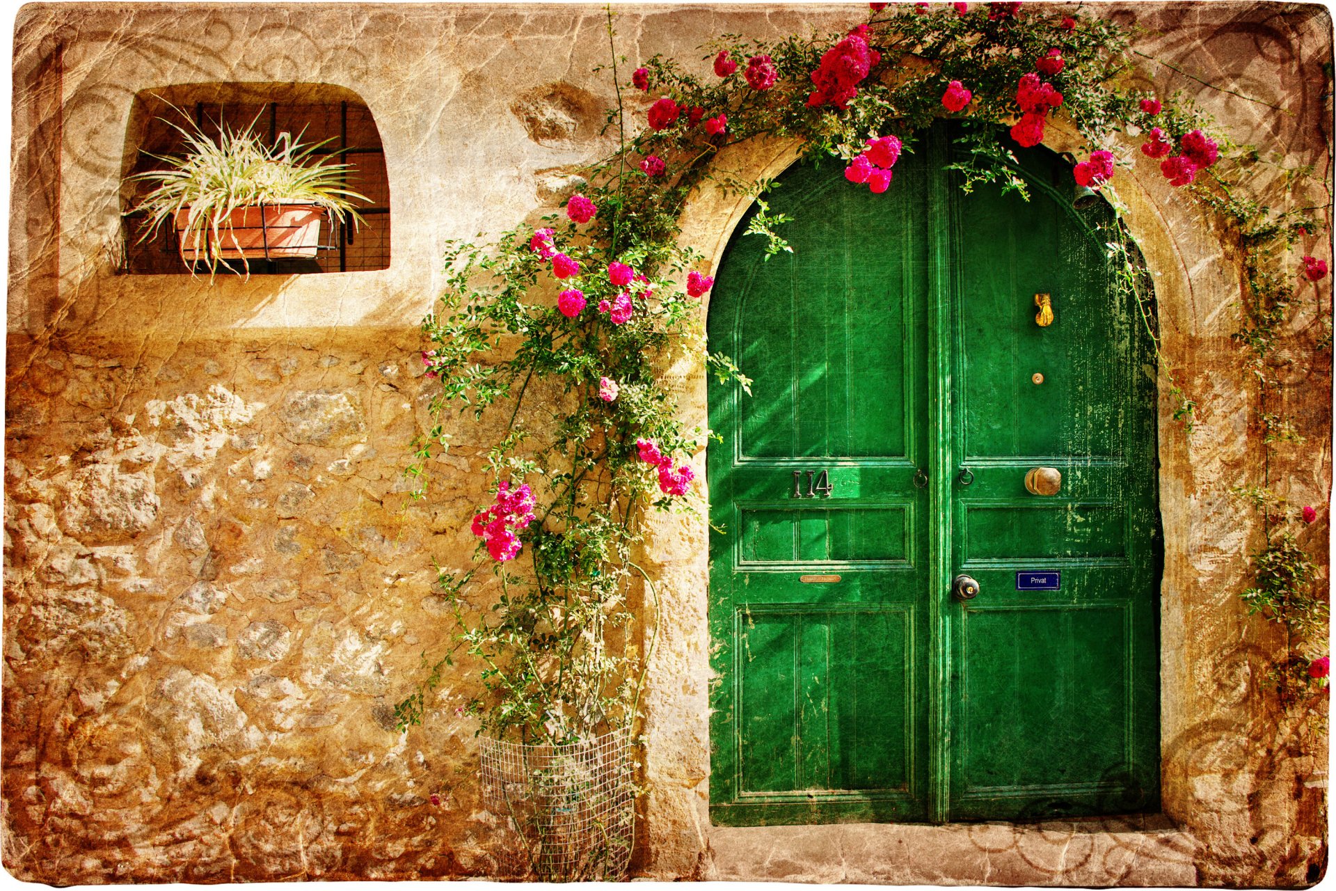 vintage loveliness the old town stone house doors pattern crimson flower