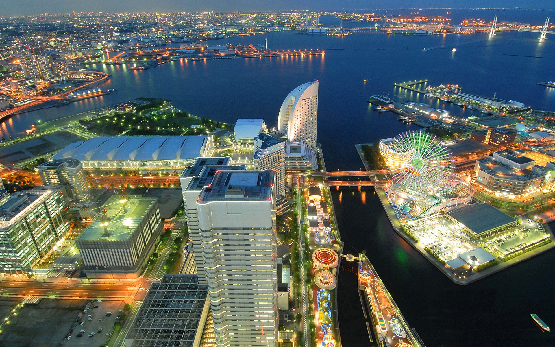 japan the port town night lights sea