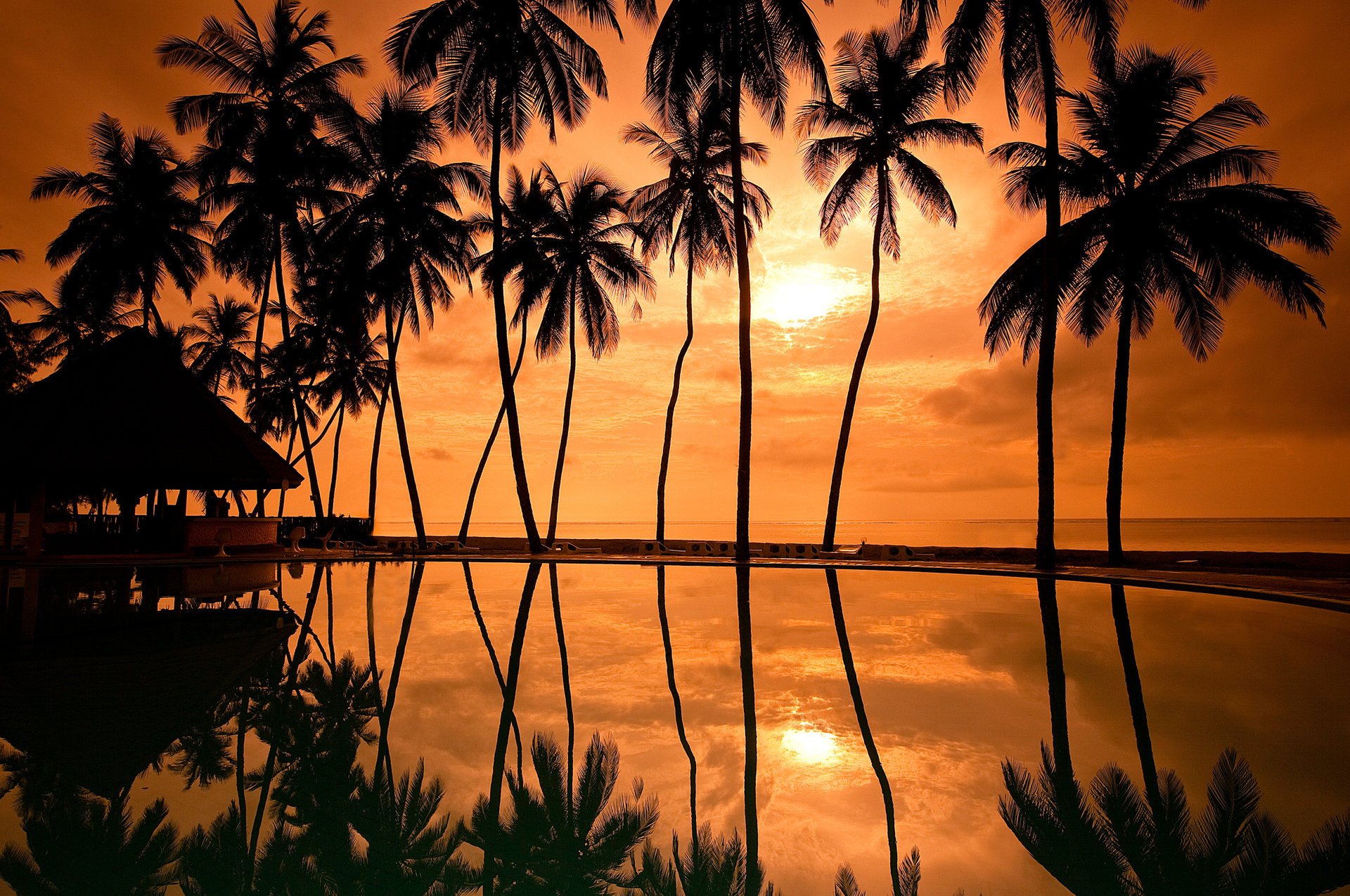 abend himmel hawaii sonnenuntergang sonne bungalow palmen