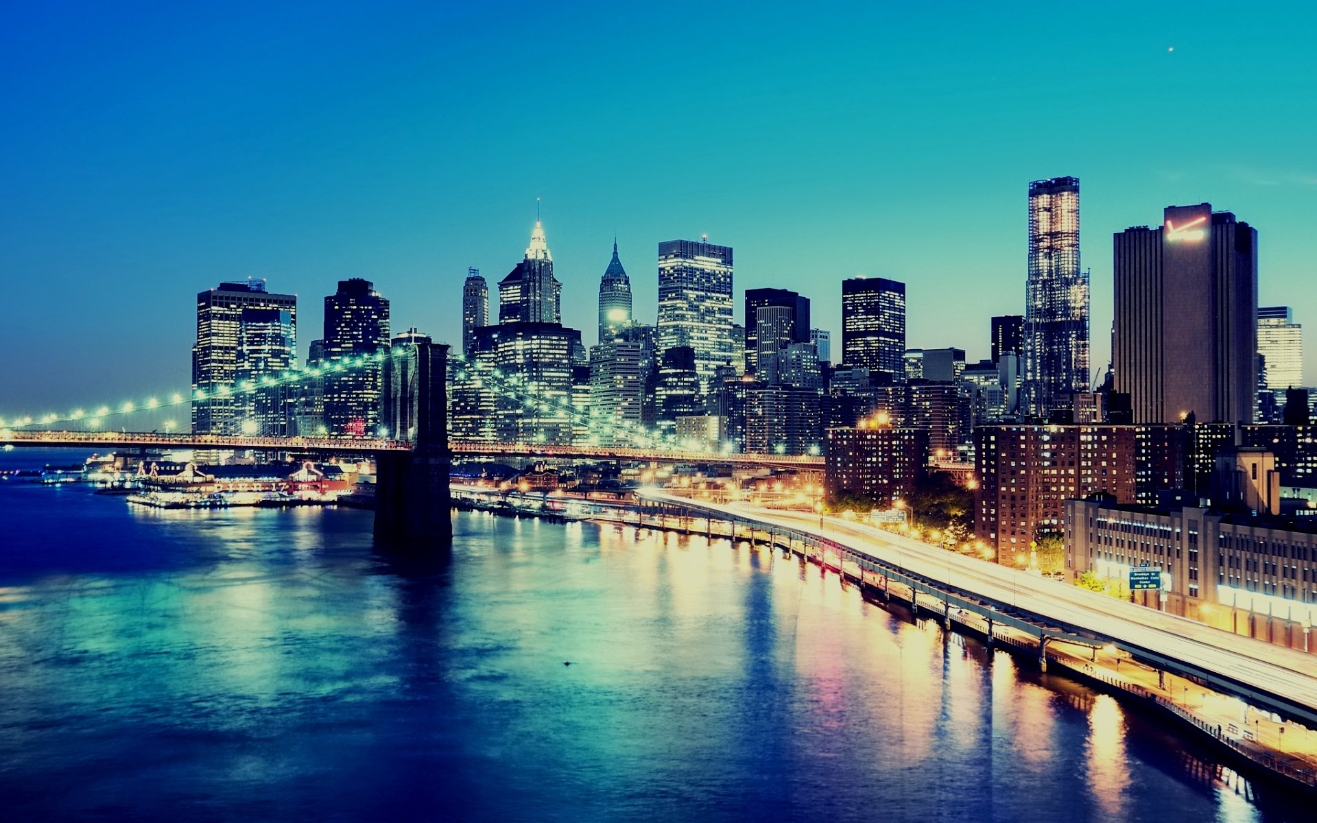 night city lights buildings skyscrapers new york lower manhattan structure bridge manhattan bridge background wallpaper