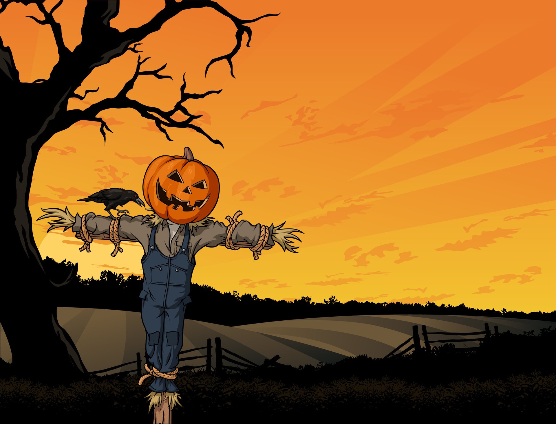 fright scarecrow crow creepy horror tree halloween pumpkin field хэллоуин