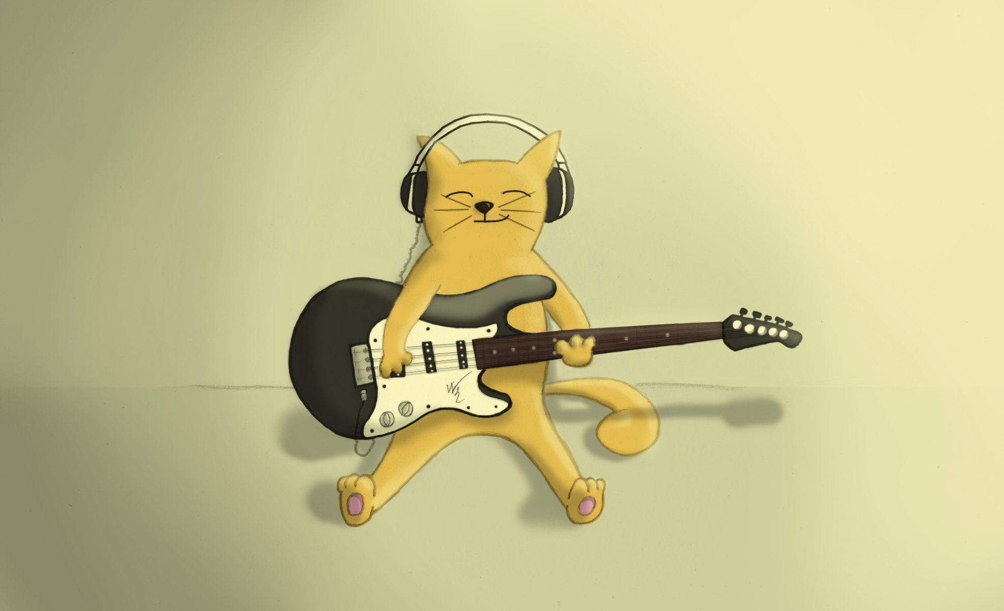 cat guitar grin headphones play