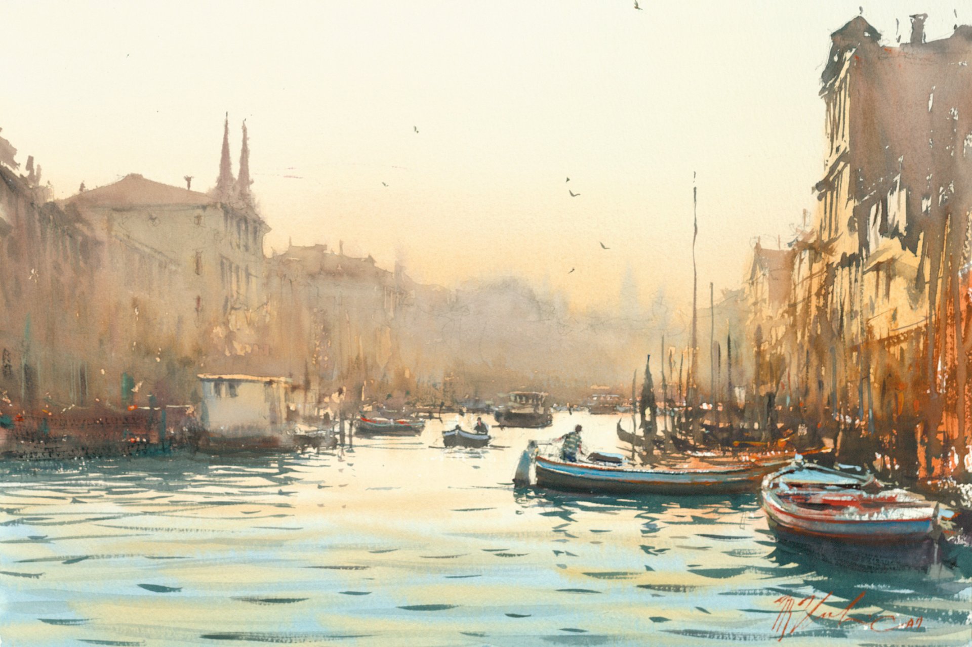 aquarell venedig dämmerung kanäle boote