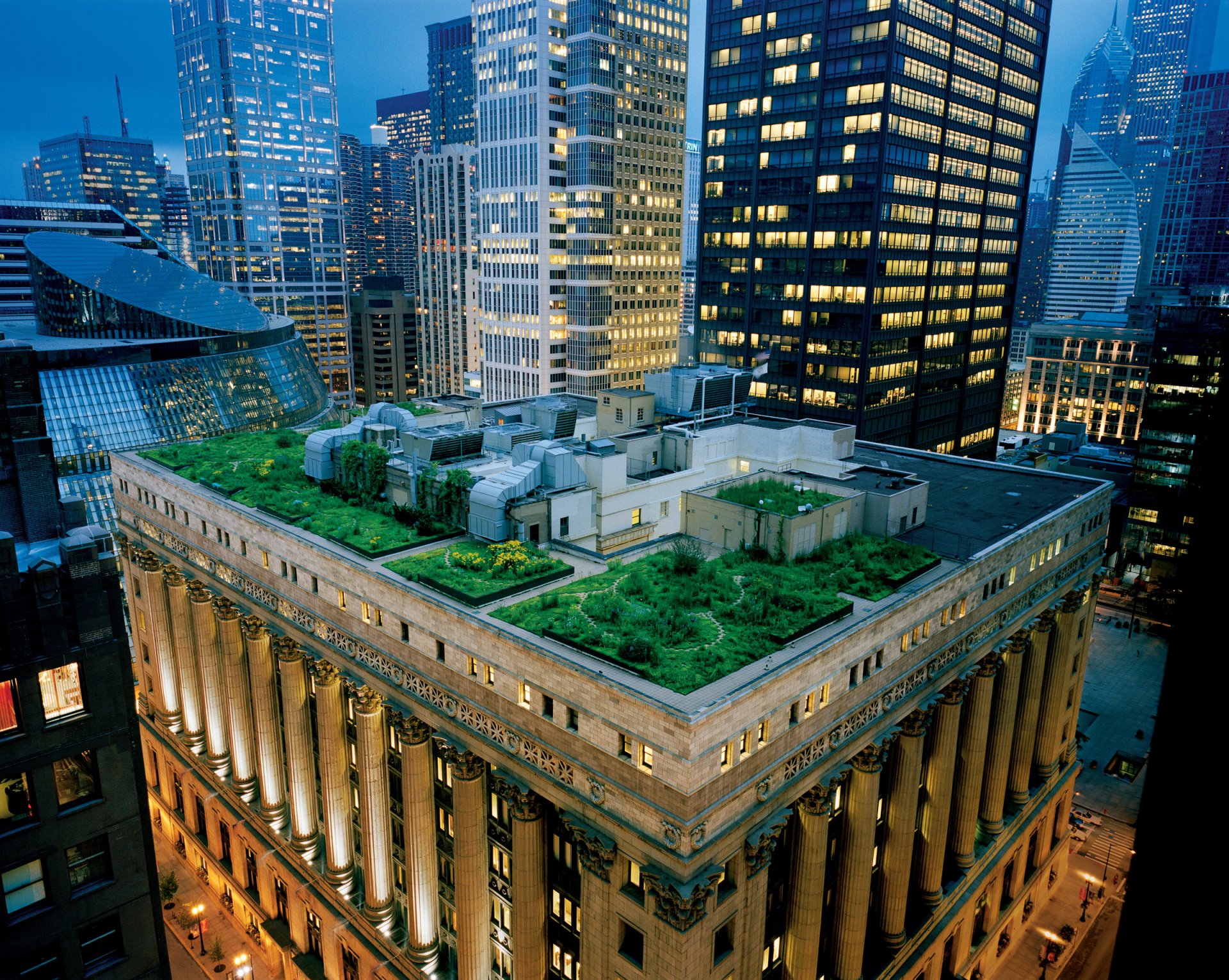 architecture toit terrasse jardin gratte-ciel soirée états-unis chicago