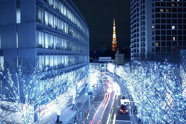 Blue village in Tokyo at night