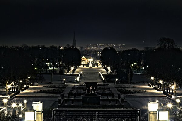 Parque en las luces de la ciudad nocturna en gran resolución