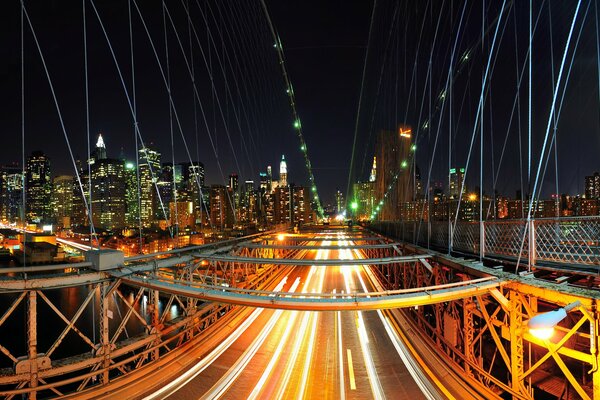 Headlight lines on a bridge in New York