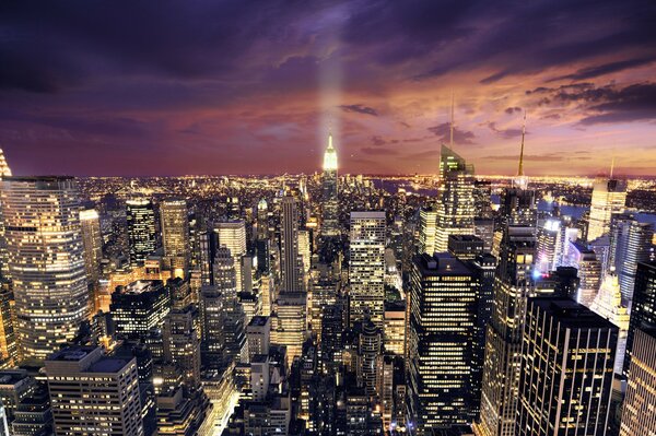 View of New York skyscrapers at night