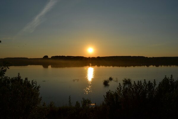 Beautiful sunset on the lake in summer