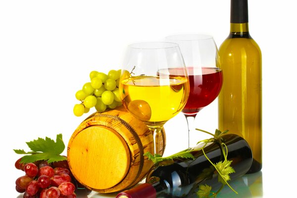 Vino rosso e bianco in bottiglie e bicchieri