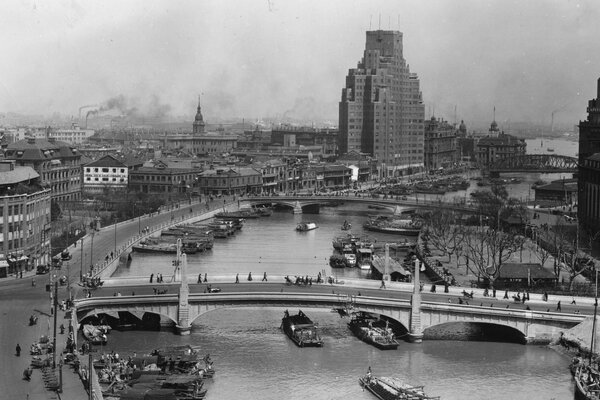 Altes Retro-Foto von der Uferpromenade des Shanghai River