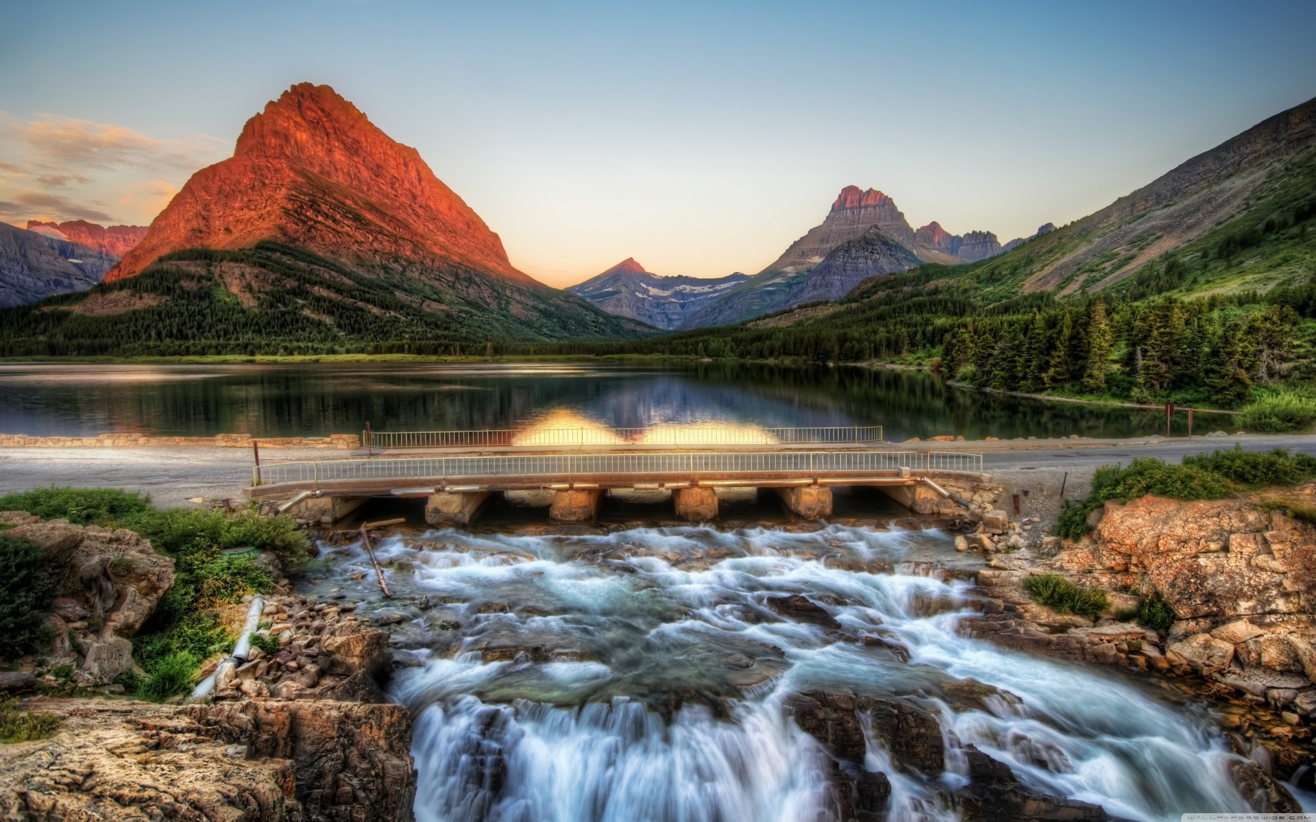 berg fluss brücke see berge sonnenaufgang wald natur