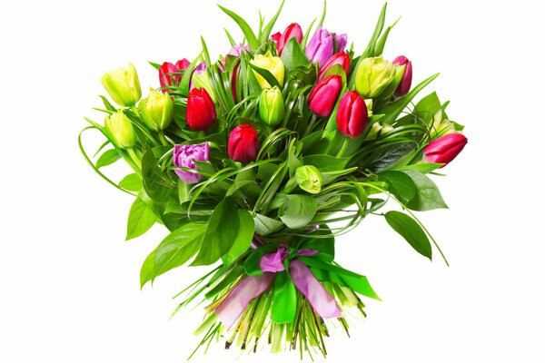 Blumenstrauß aus Tulpen mit bunten Bändern