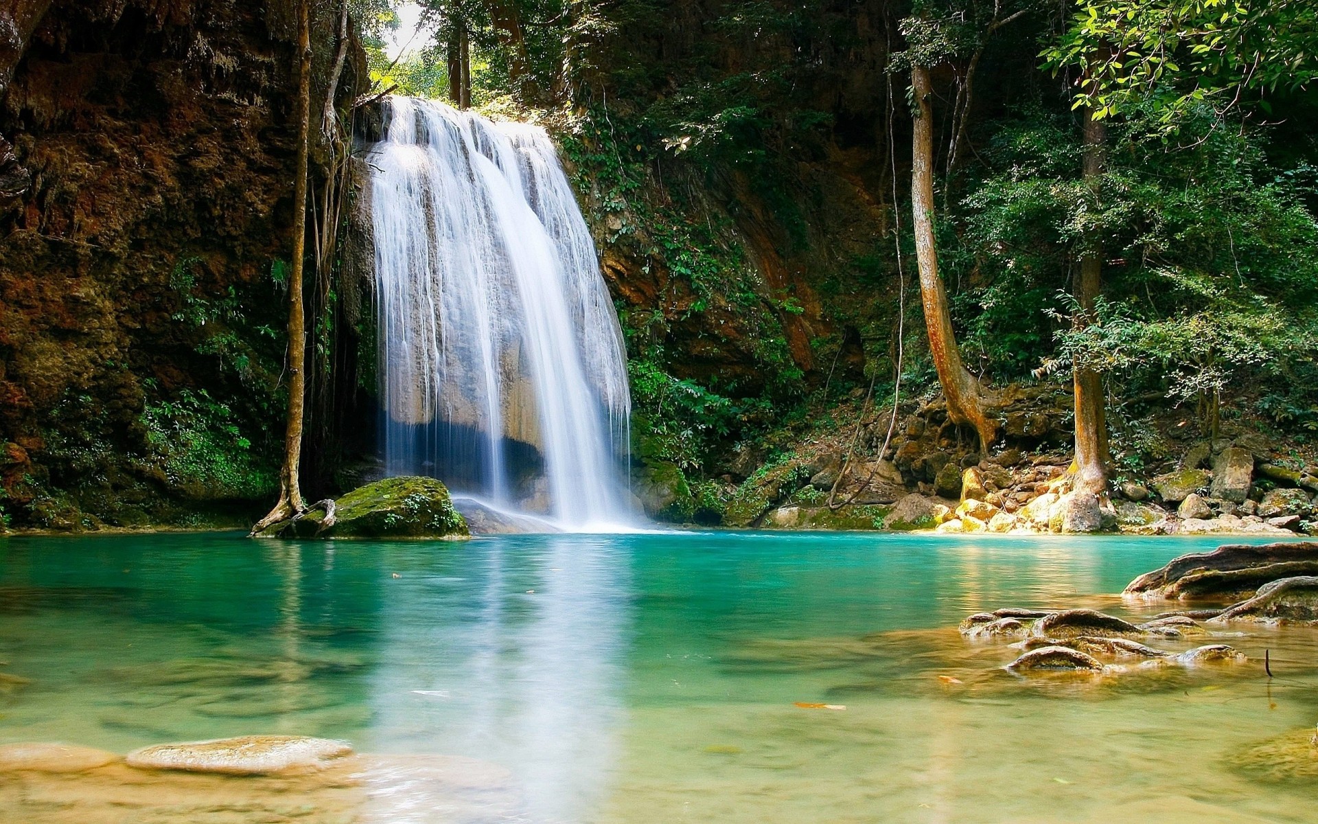 bäume landschaft teich wasserfall