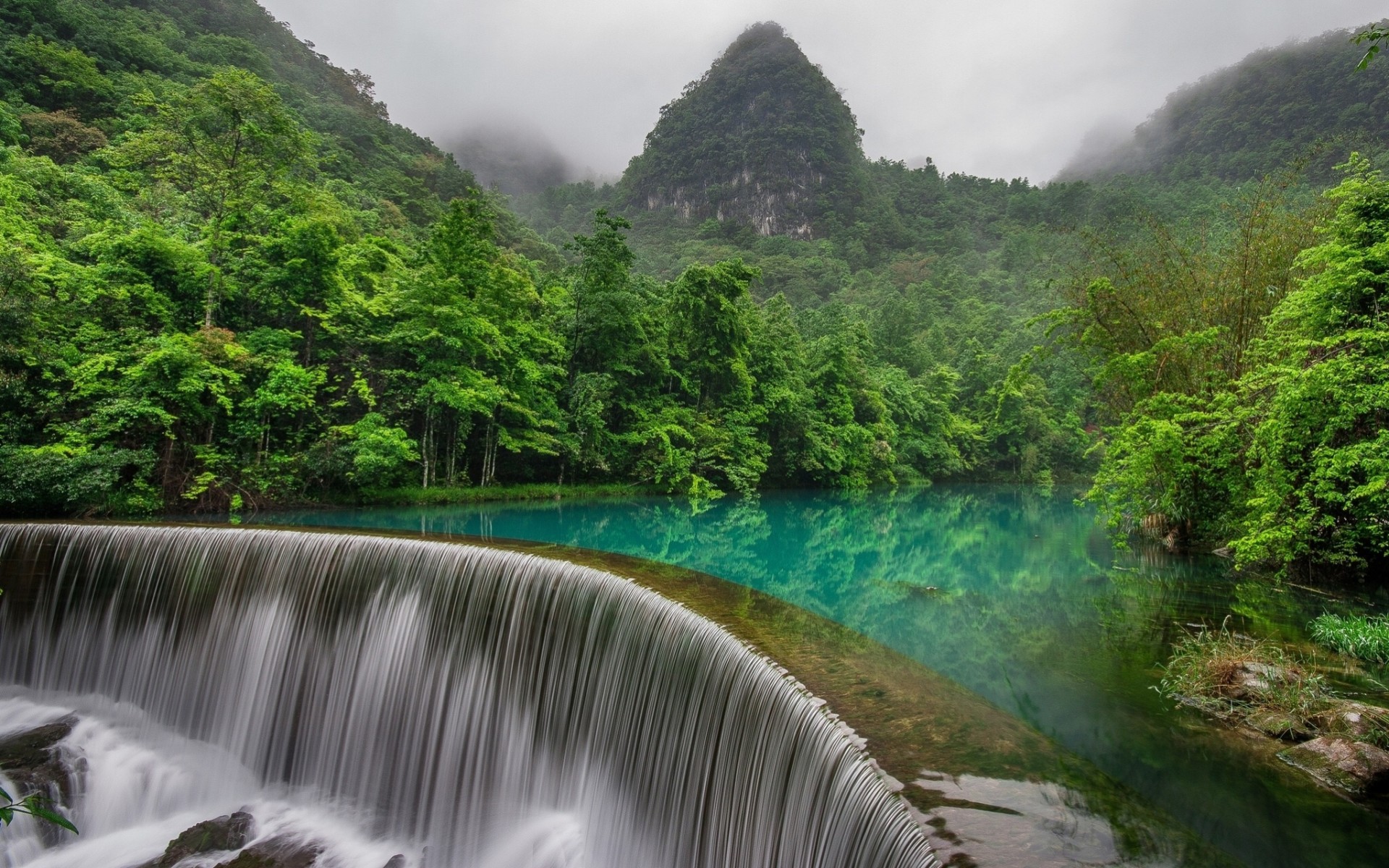 wasserfall fluss china wald berge entweder