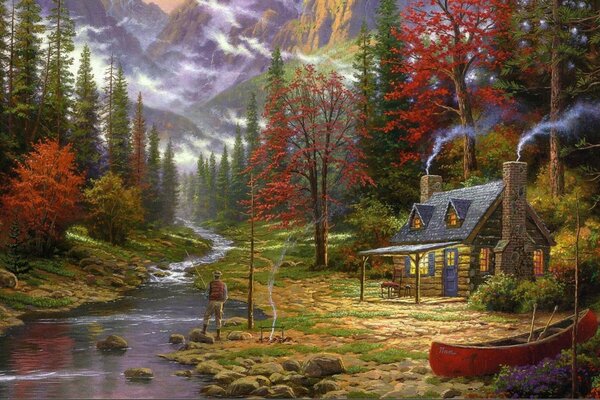 Pintura colorida. Casa con chimenea en el bosque de otoño junto al río