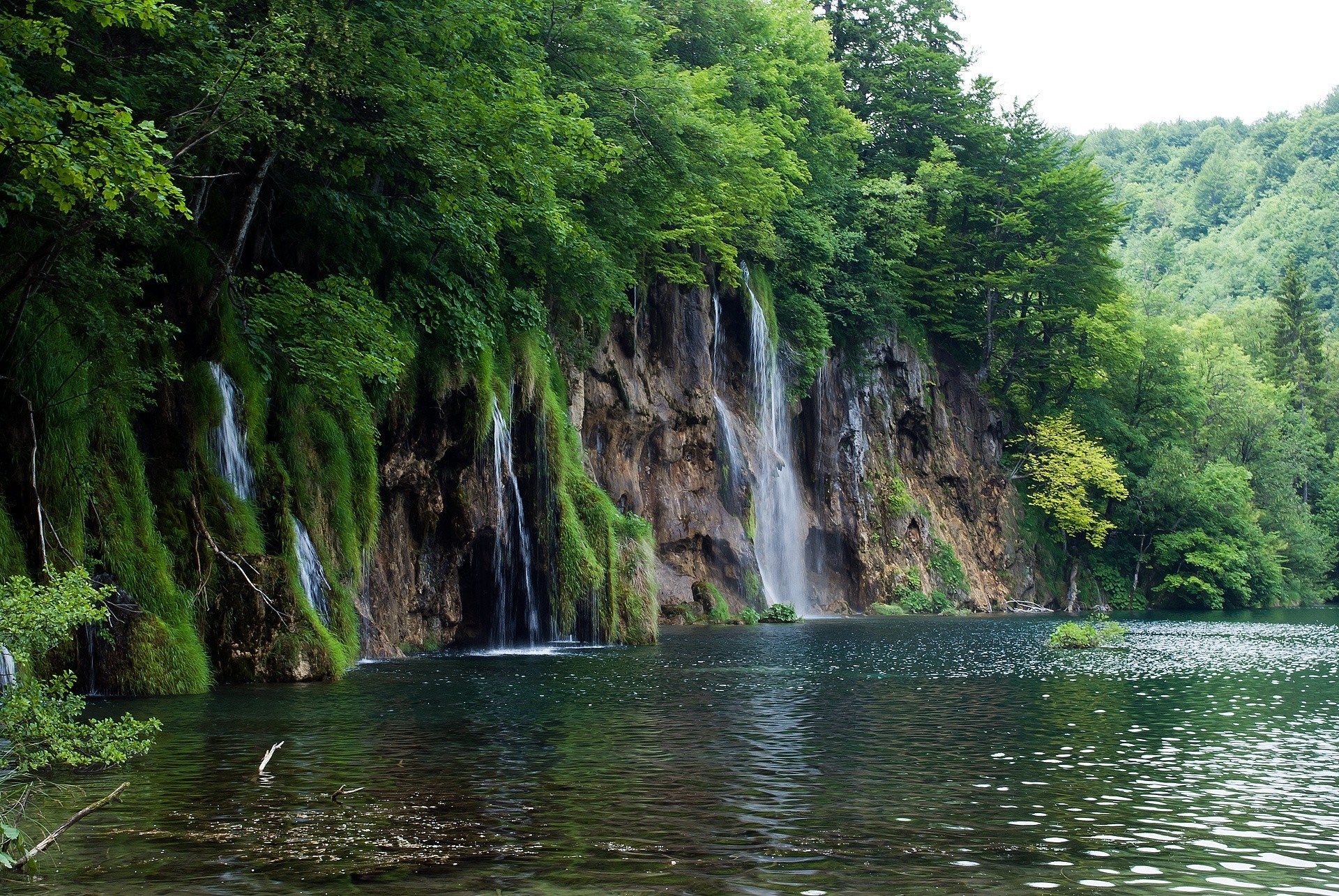 деревья пейзаж скалы река водопад