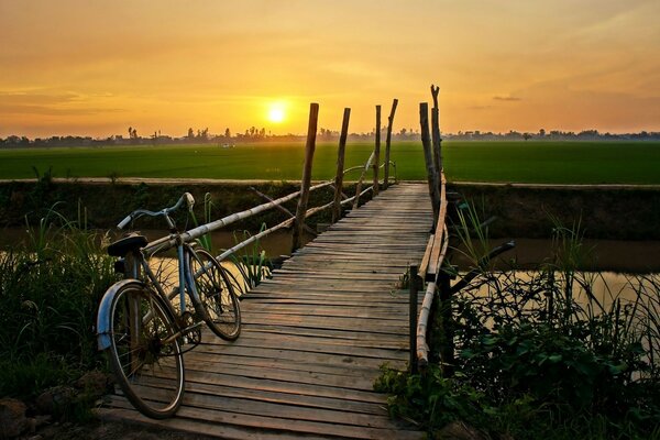 Fahrrad vor dem Hintergrund eines warmen Sommers Sonnenuntergang