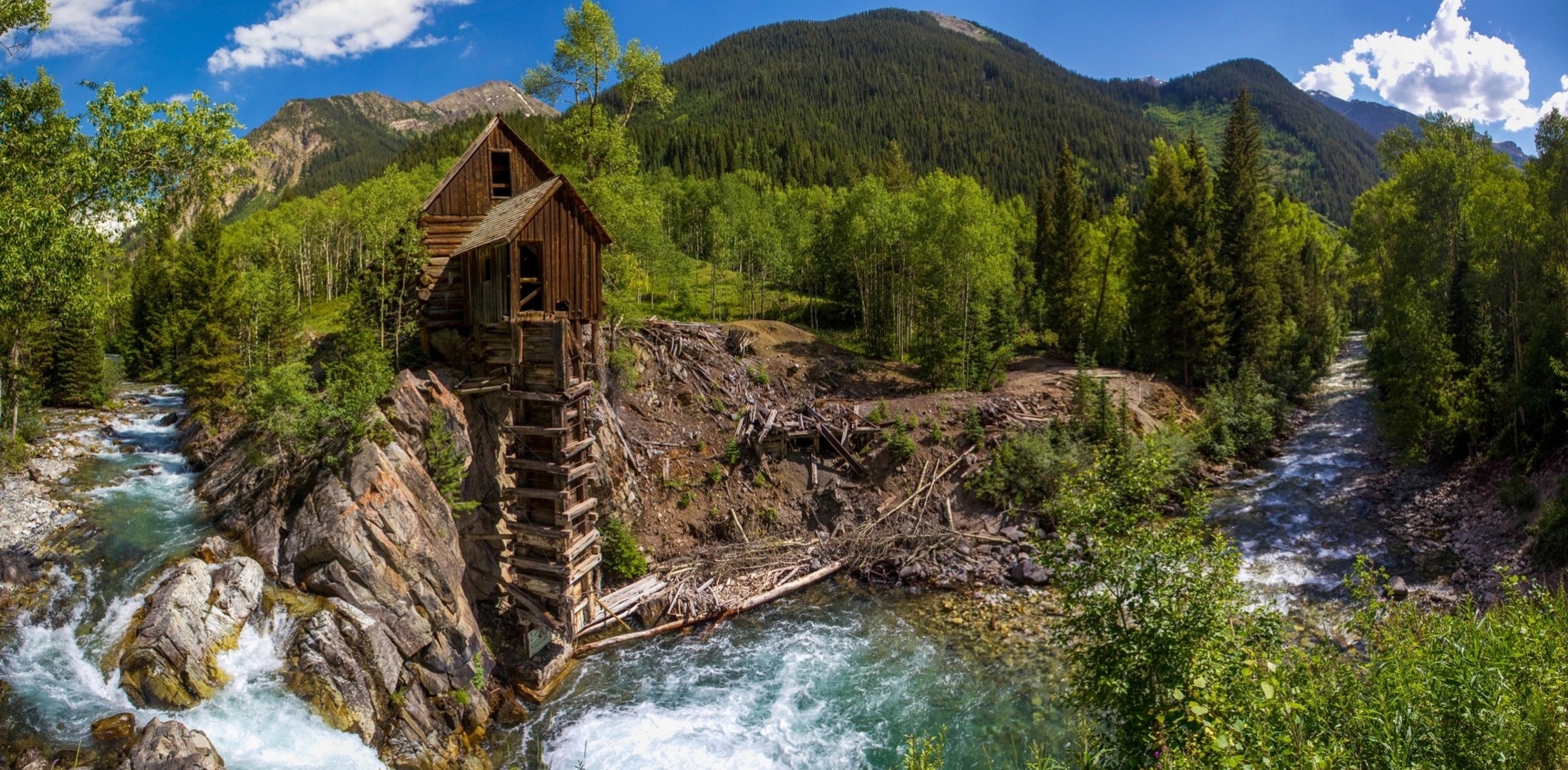 water mill crystal tree forest panorama colorado river mountain