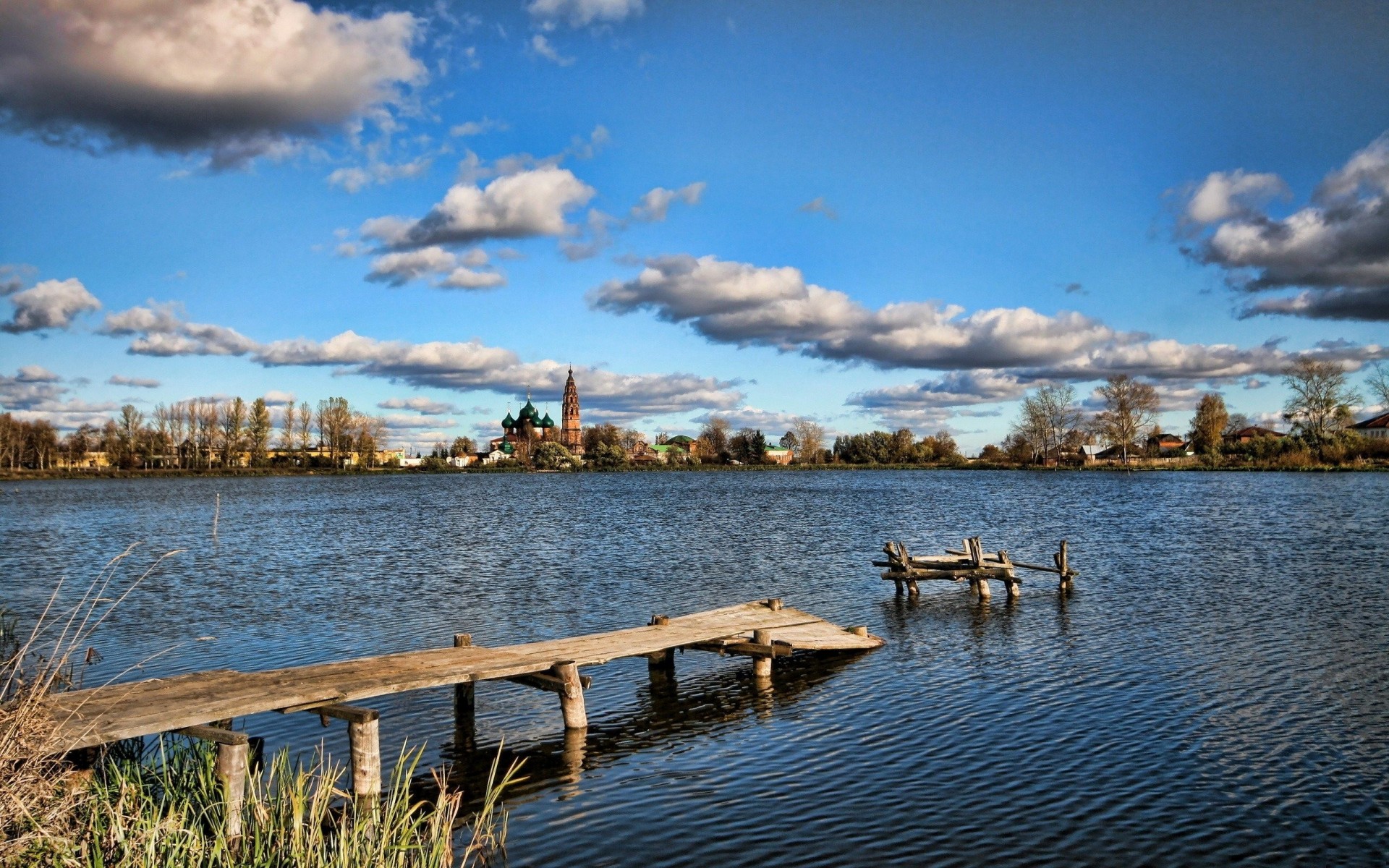 panorama lac nuages pont ciel bleu nature été