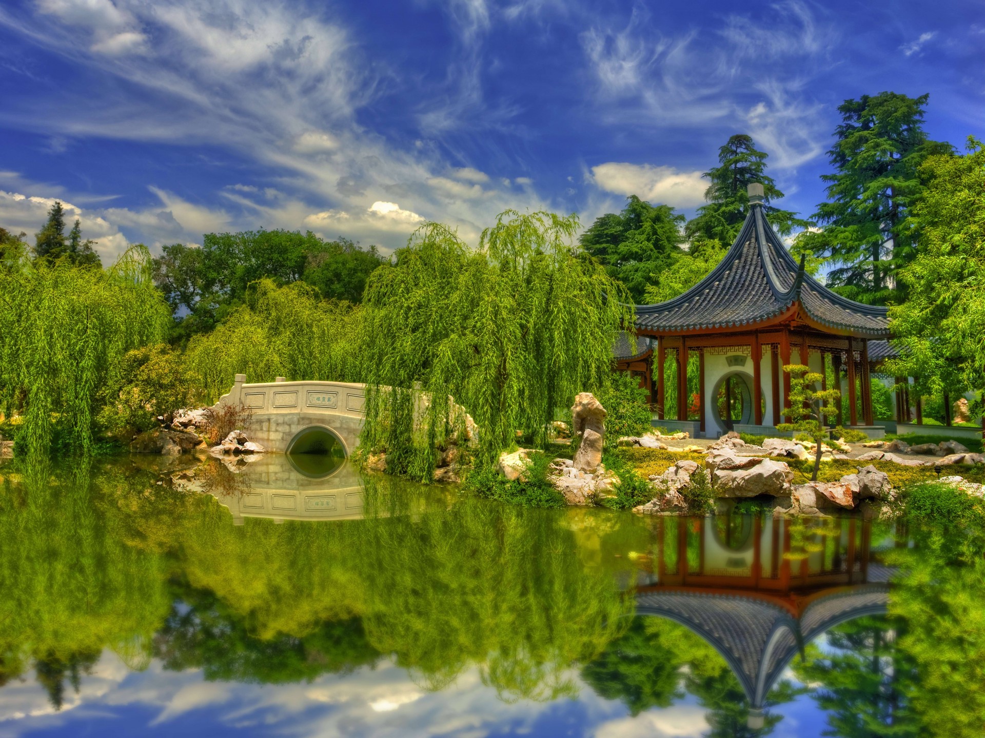 paysage étang chine pont réflexion botanique jardin