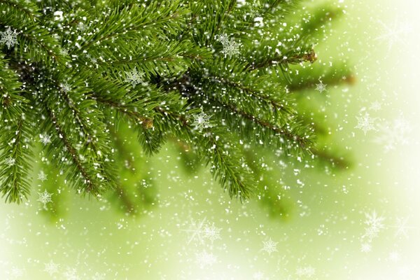 Albero di Natale invernale. I fiocchi di neve bianchi volano