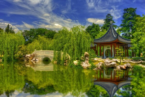 Chinese house and bridge on the river