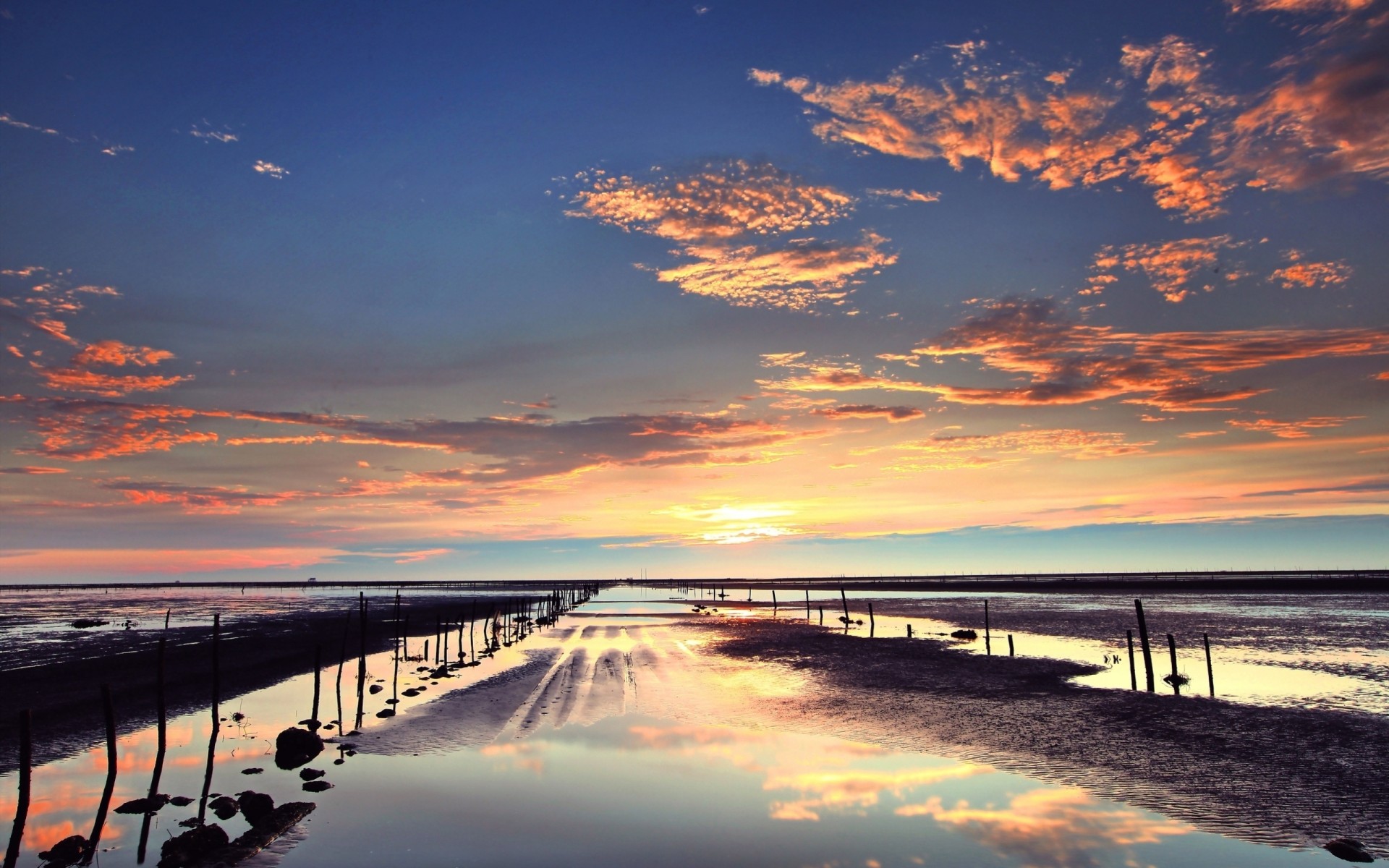 nass sonnenuntergang himmel ebbe nacht wolken rosa sand pfützen