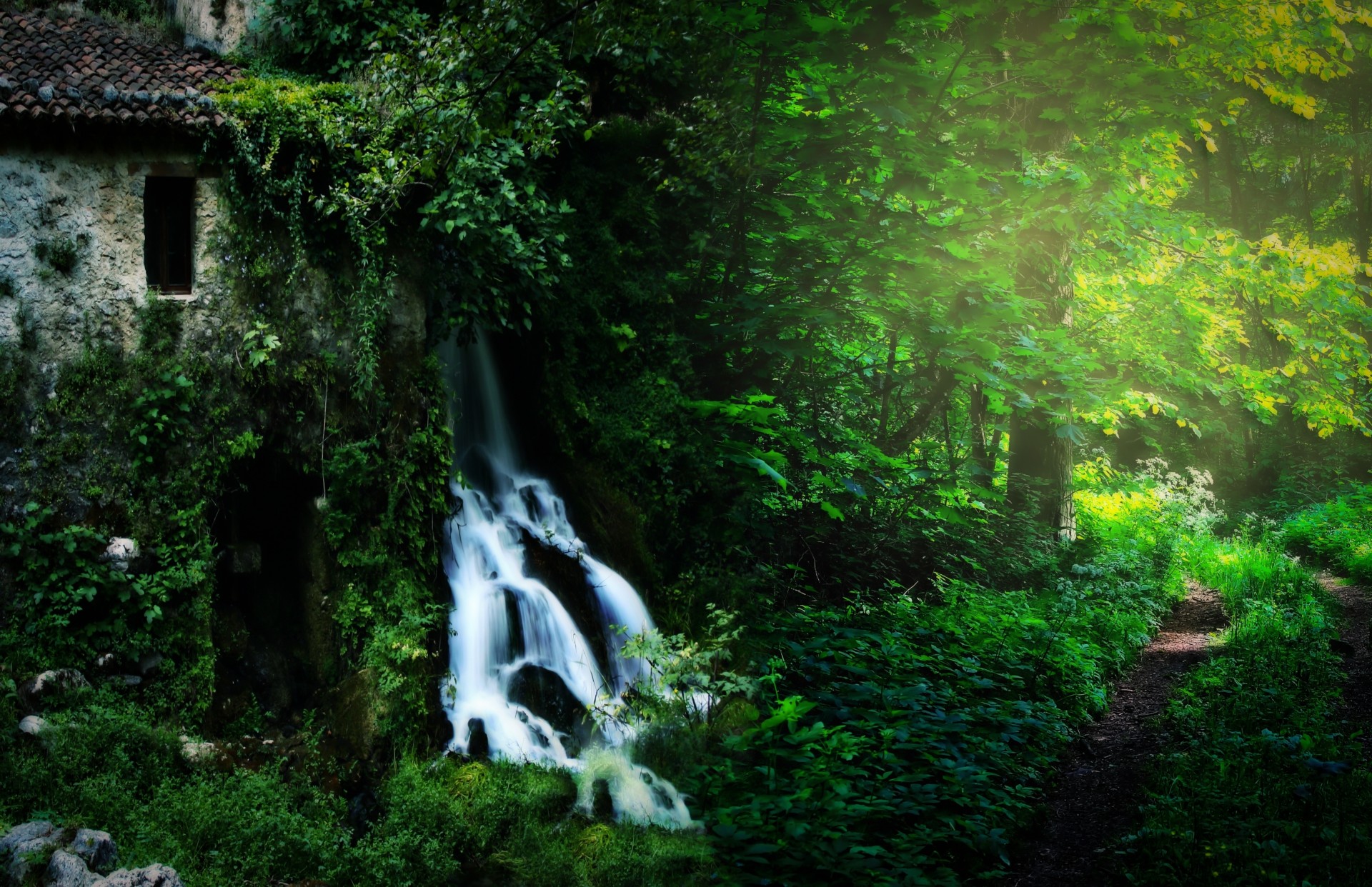 gebäude landschaft wald wasserfall natur