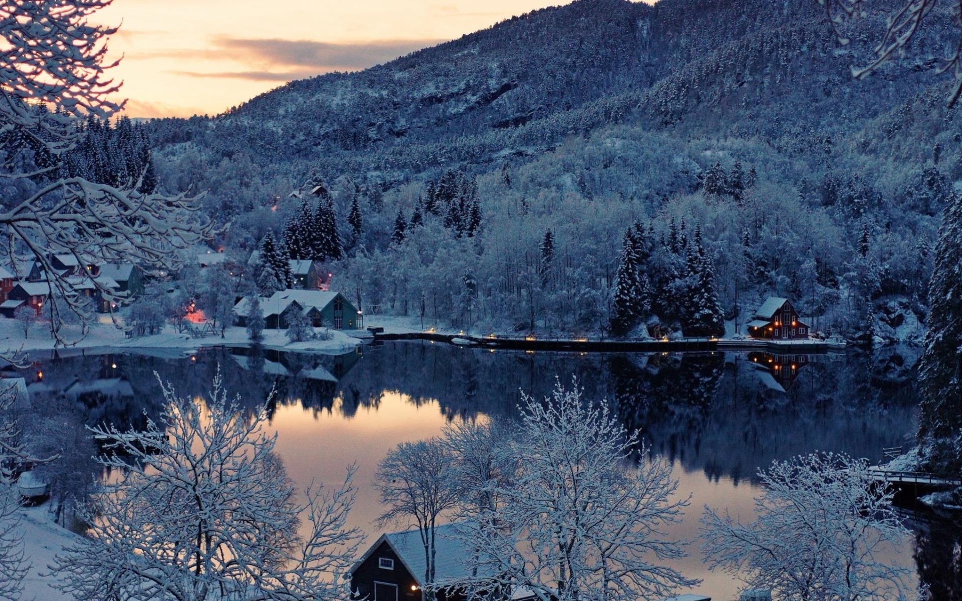 schnee reflexion frost see bäume nacht landschaften winter zuhause