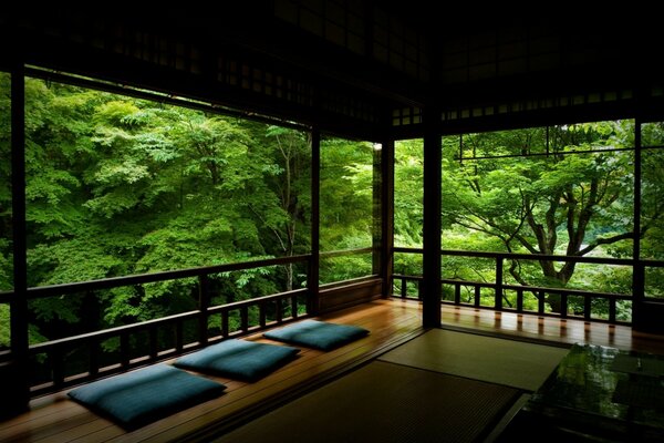 Terraza para meditar rodeada de árboles