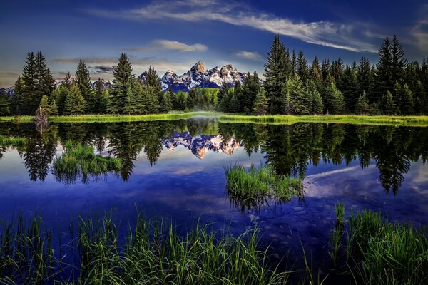 Rocky mountains and forest landscape reflect the depth of the blue waters of the lake