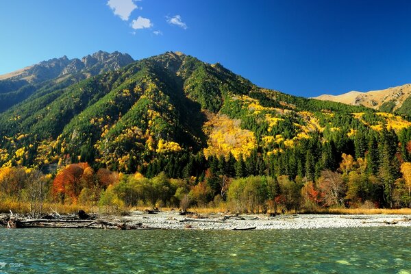 Autumn mountains on the background of the river