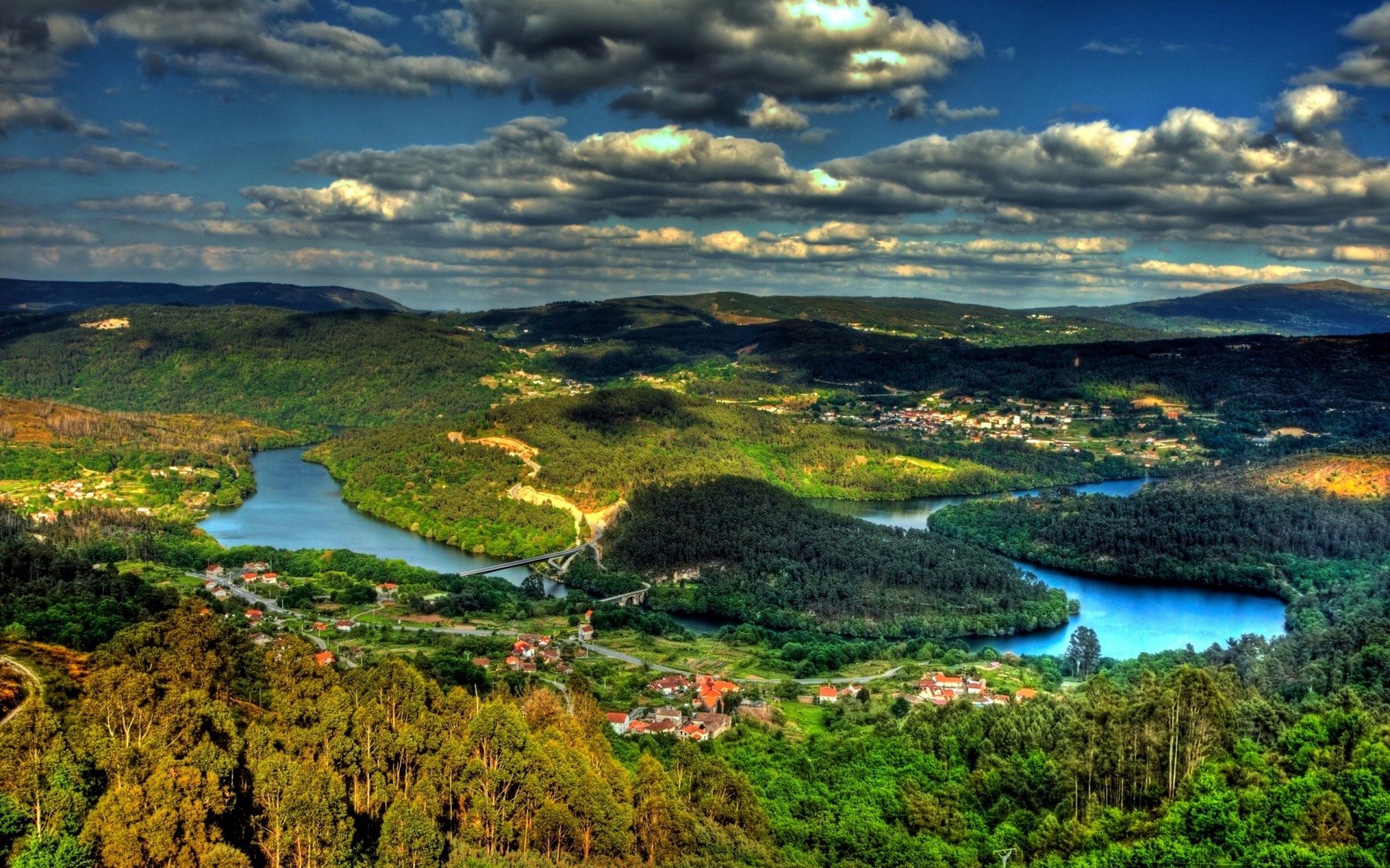 contrast landscape views river hills shadow top island sky town clouds forest bright