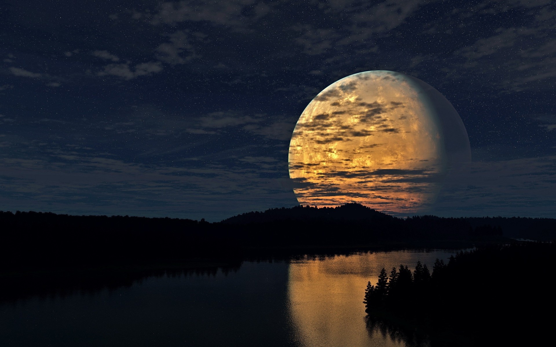 noche río cielo luz bosque nubes luna