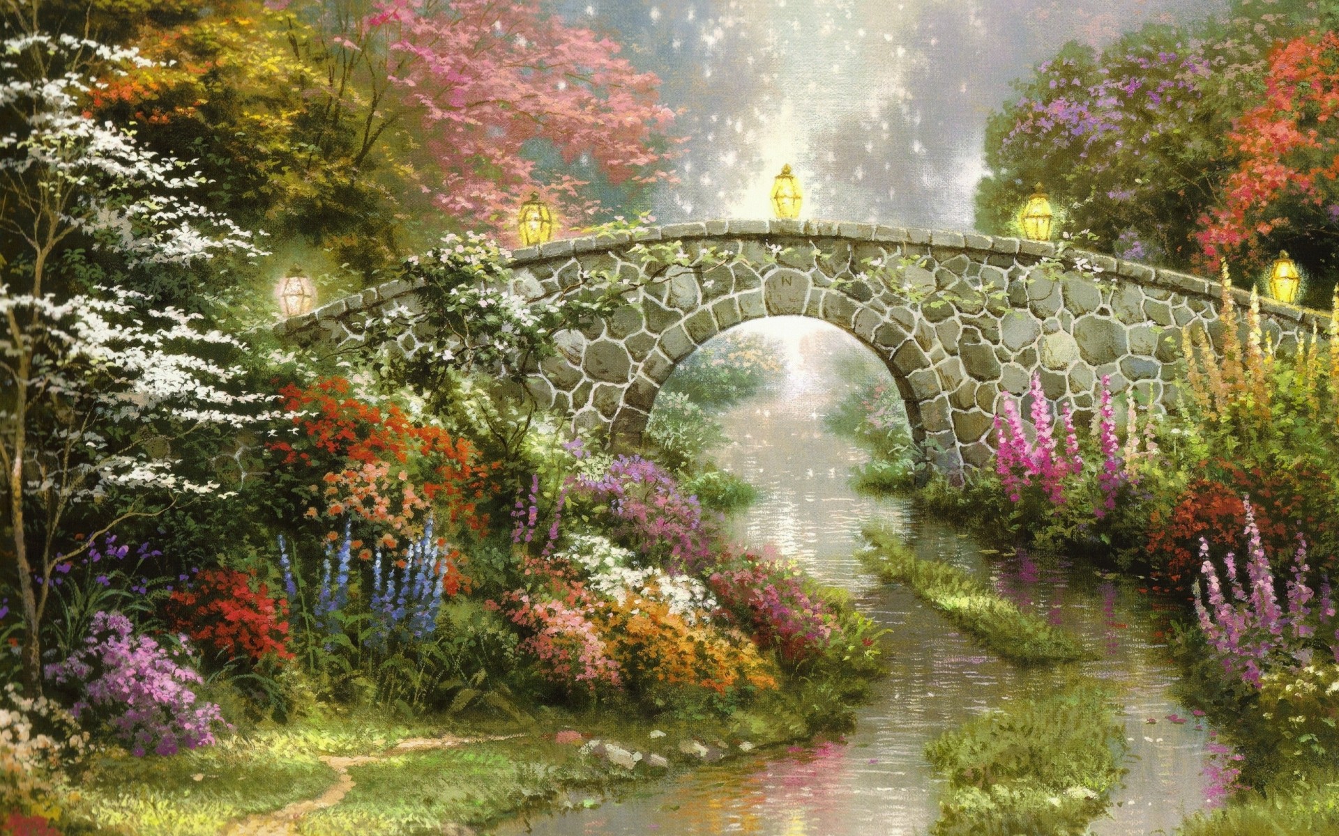 arte tela pittura pietra arco ponte fiori