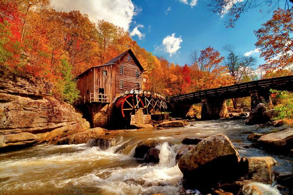 Foto autunnale di un mulino in piedi vicino al fiume