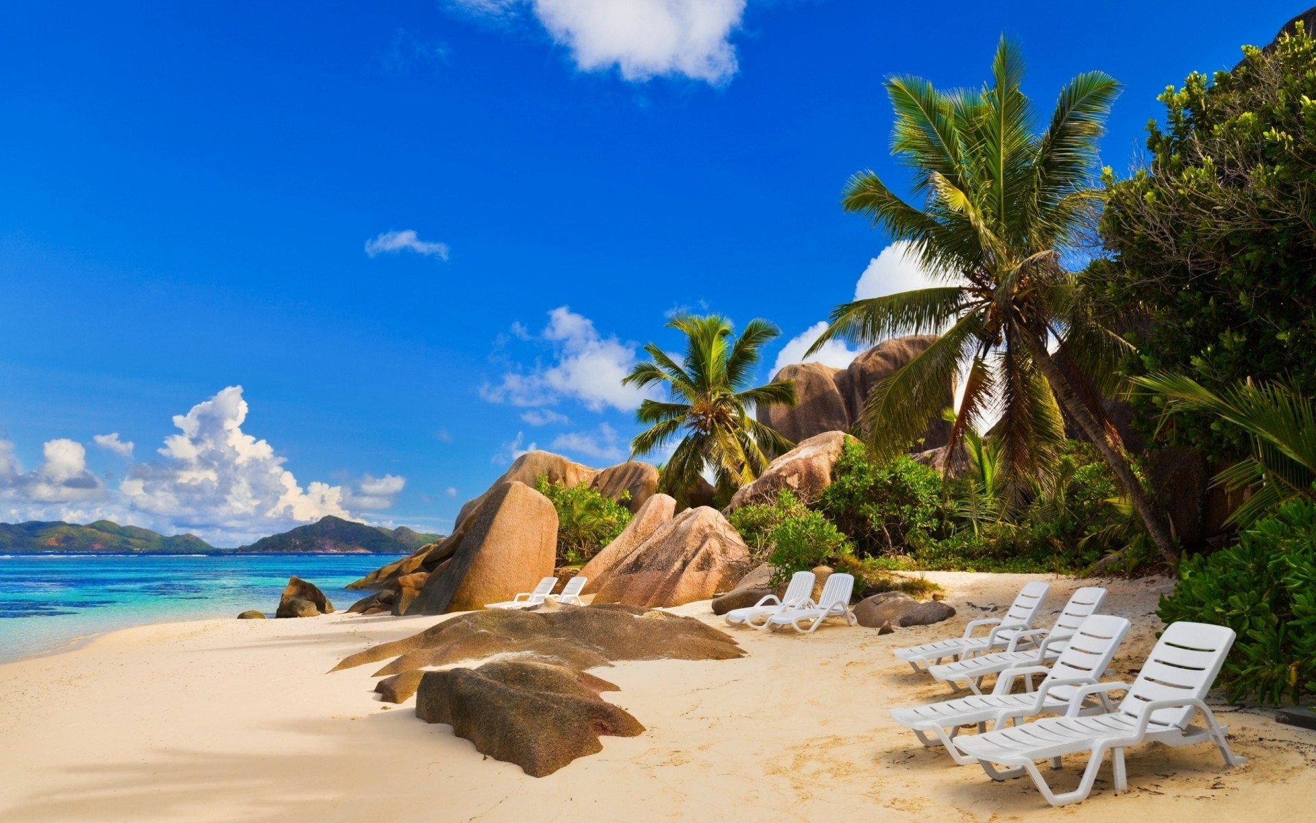 landschaft palmen tropen insel küste himmel strand entspannung sand