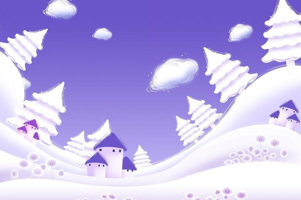 Picture houses among snowdrifts in lilac tones