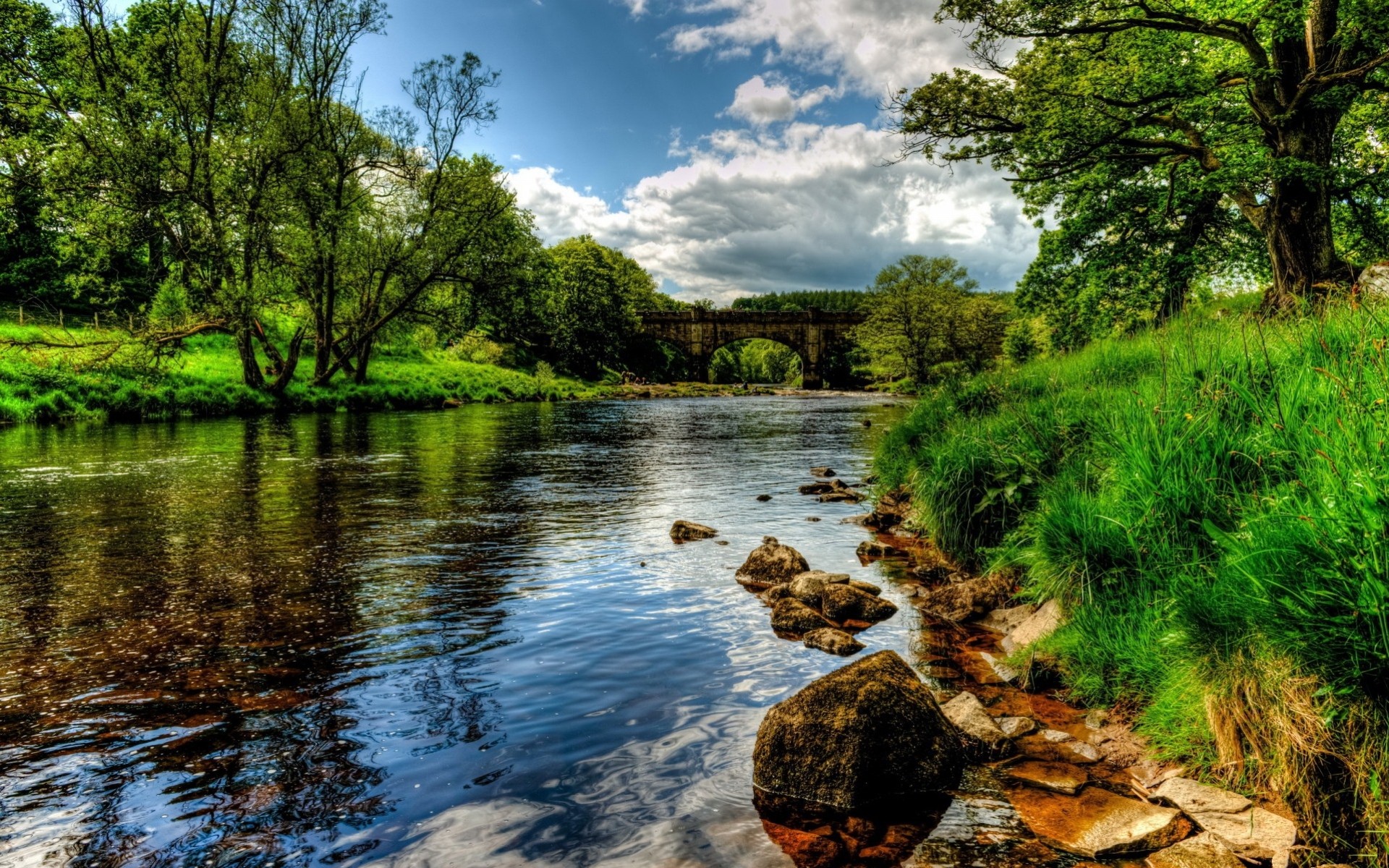 river clouds tree grass water sky