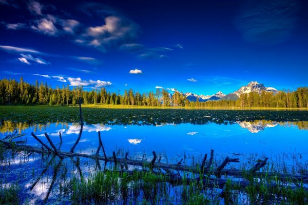 Reflejo del brillante cielo azul en el lago