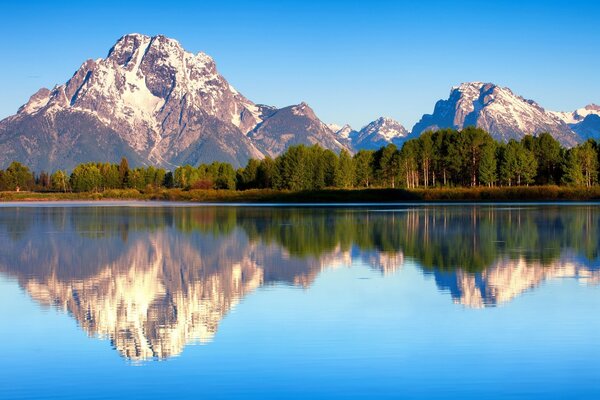 A blue lake with a mirror surface against the background of mountains