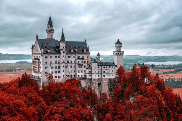 Autumn landscape of the castle on a red background of trees