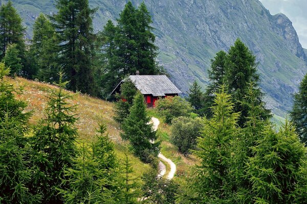 Landscape of a house with a road on the background of mountains